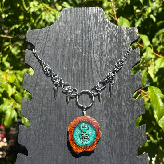 Blue & Turquoise Striped Weevil Beetle Pinecone Pendant and Chain