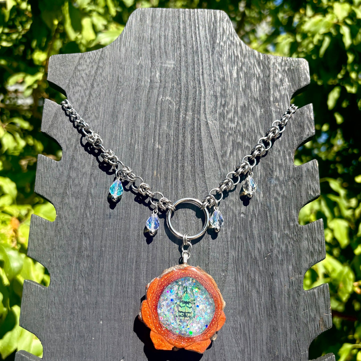 Iridescent Turquoise Striped Weevil Beetle Pinecone Pendant and Chain