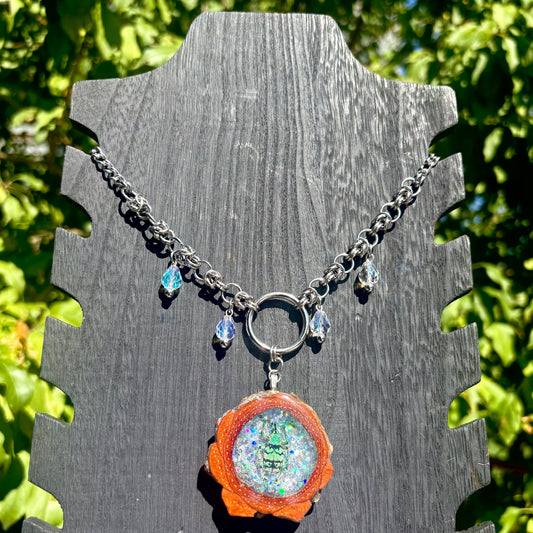 Iridescent Turquoise Striped Weevil Beetle Pinecone Pendant and Chain