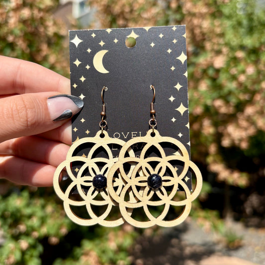 Blue Goldstone Sacred Seed Wooden Earrings