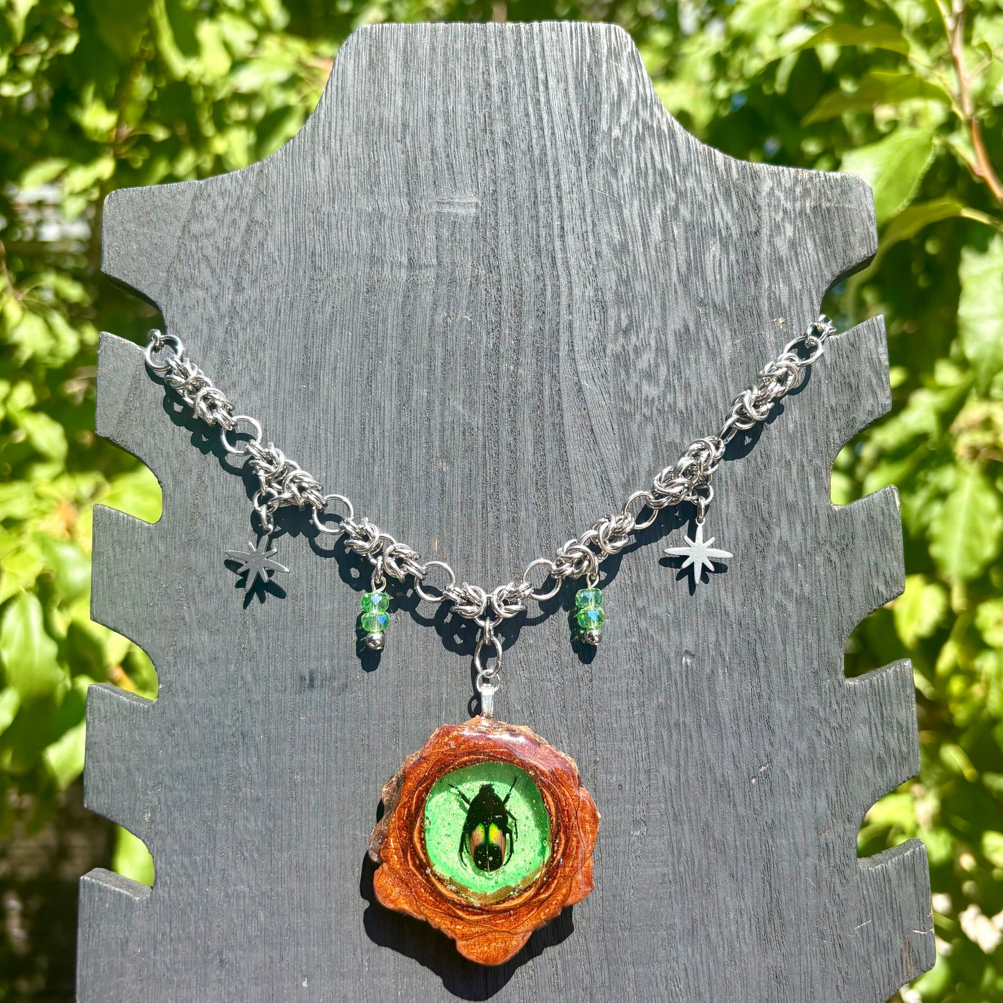 Green Saluwesi Dicheros Beetle Pinecone Pendant and Chain