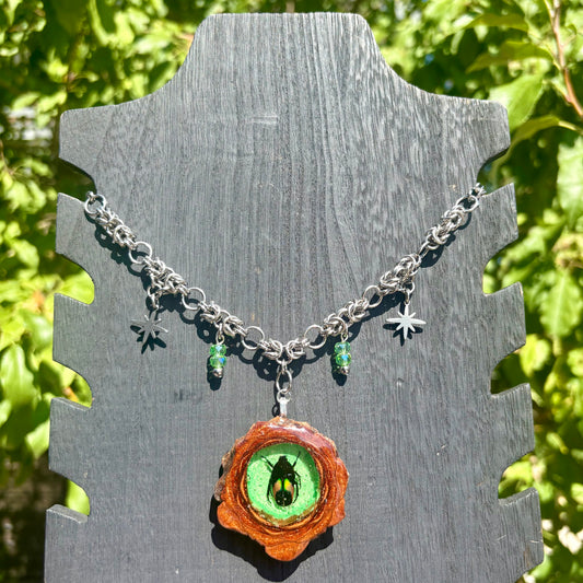Green Saluwesi Dicheros Beetle Pinecone Pendant and Chain