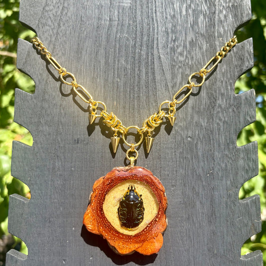Gold RARE Madagascar Flower Beetle Pinecone Pendant and Chain
