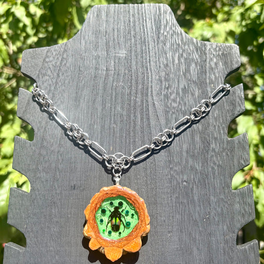 Green Sparkle Saluwesi Dicheros Beetle Pinecone Pendant and Chain